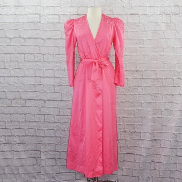Vintage 80s Natori Neiman Marcus Pink Embroidered Wrap Maxi Robe - Picture 1 of 14